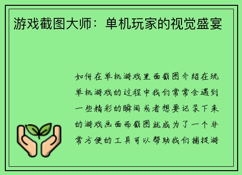 游戏截图大师：单机玩家的视觉盛宴